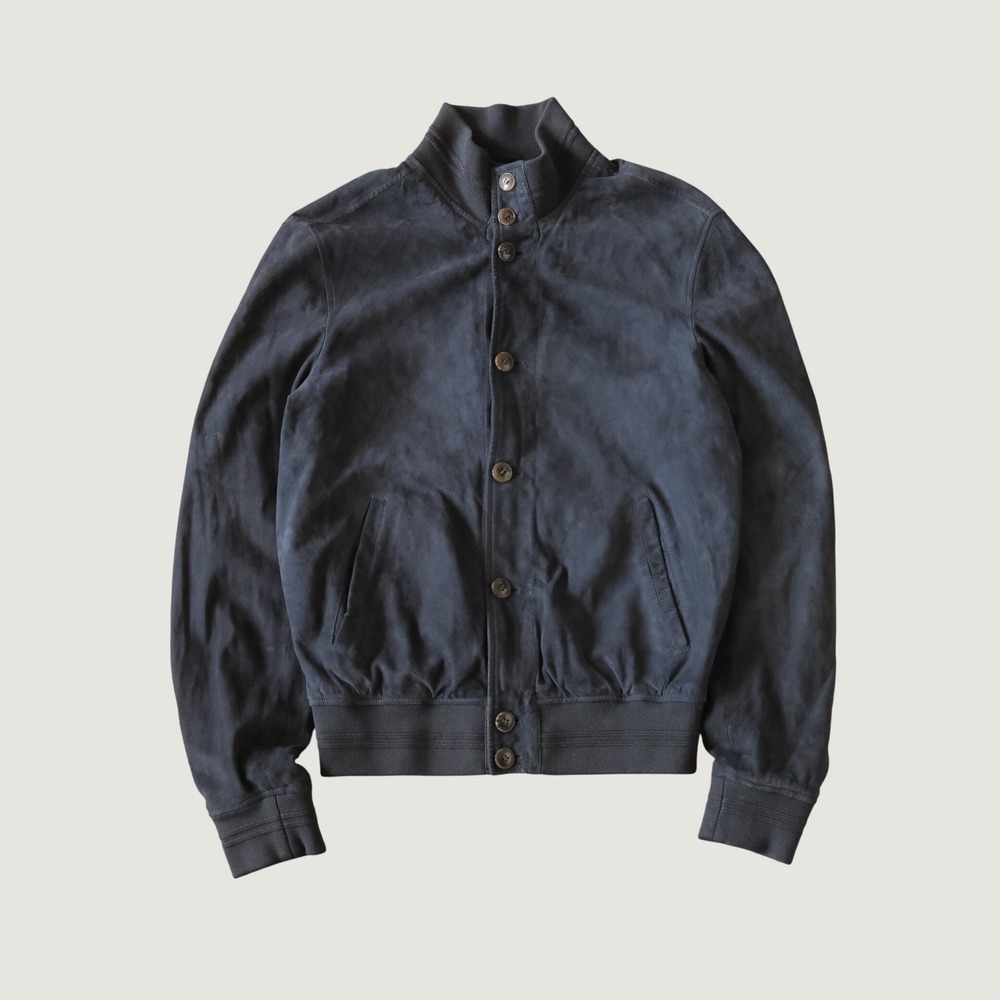SALLE PRIVÉE Suede Bomber Jacket Blue Button Front Leather Outerwear Mens Slim
